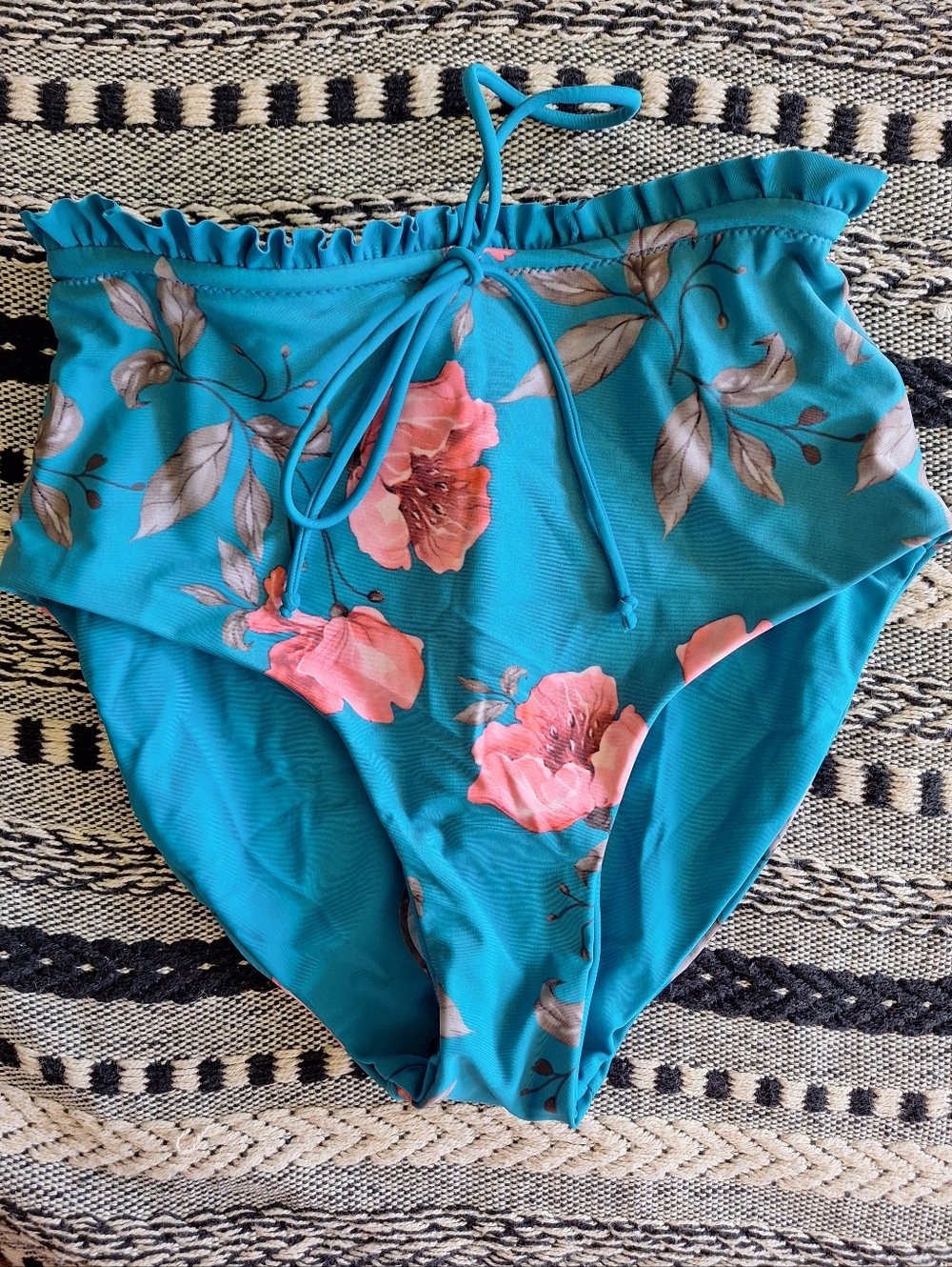 Turquoise Floral High-Waist Bikini Bottoms